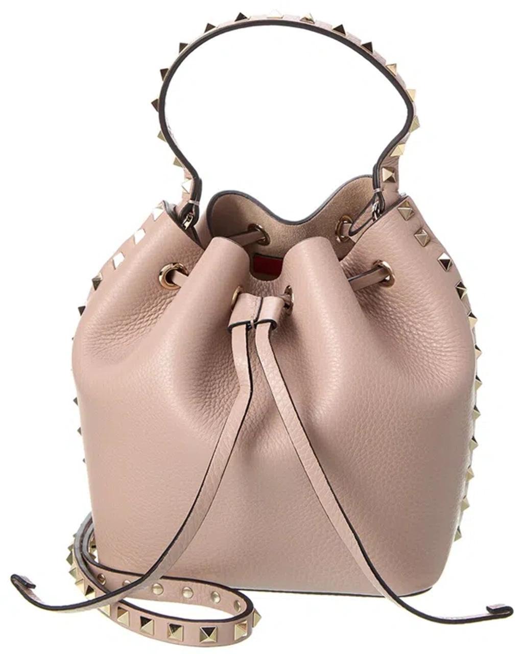 Rockstud Grainy Leather Bucket Bag In Beige Product Image