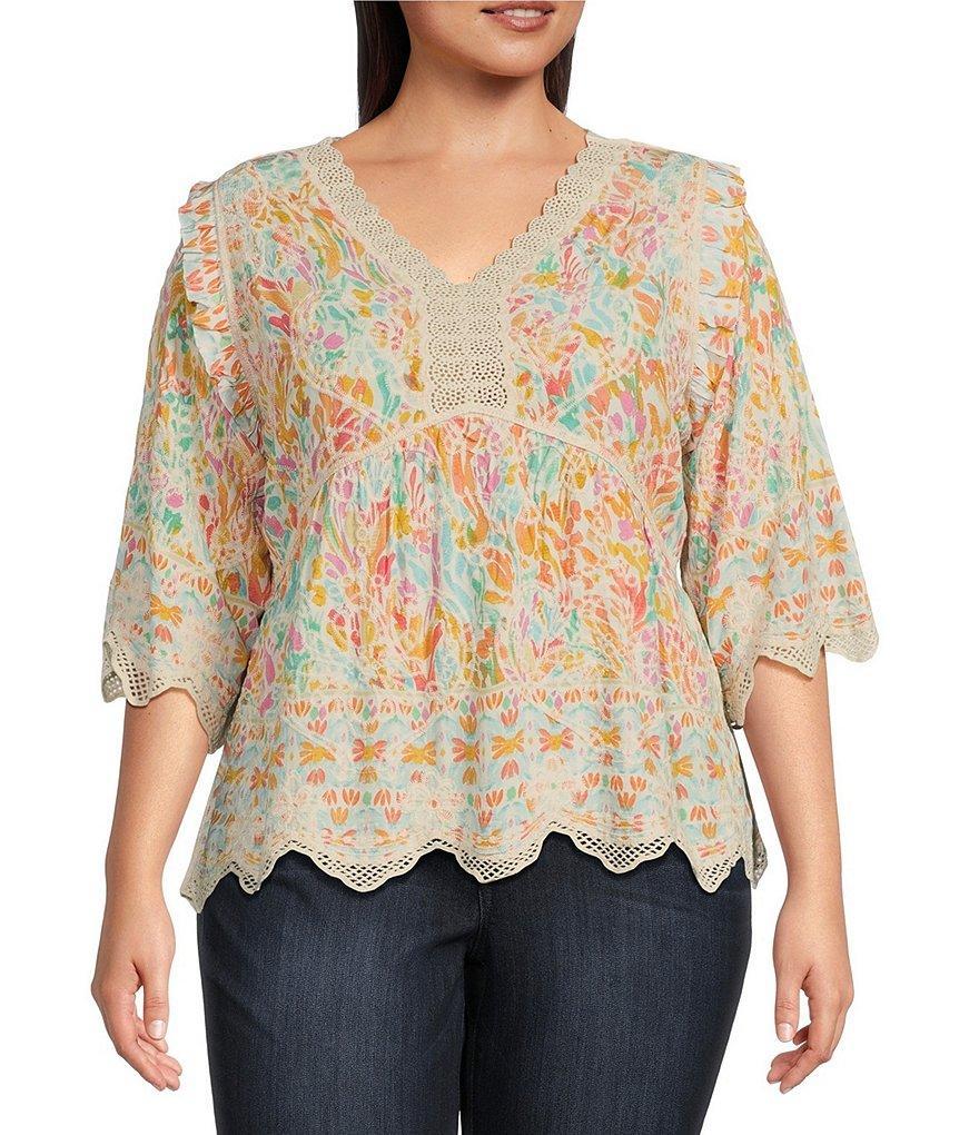 Democracy Plus Size Woven Paisley Print Split V-Neck Short Sleeve Empire Waist Crochet Scalloped Trim Top Product Image