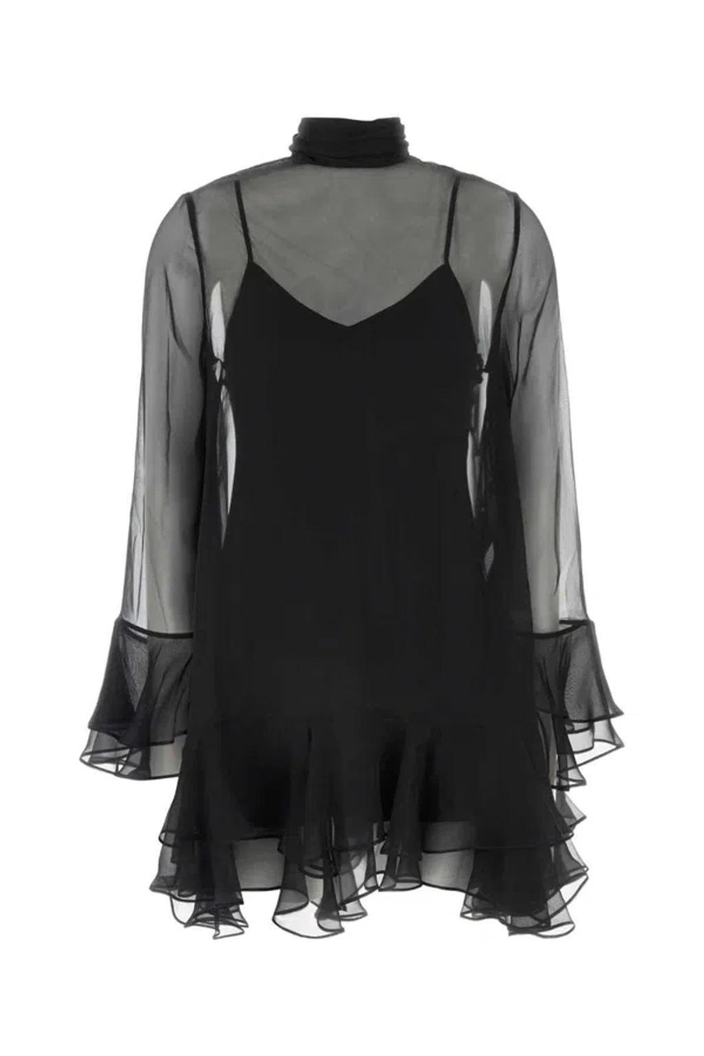 VALENTINO Chiffon Dress With Bow Detail And Ruffle Hem In Black Product Image