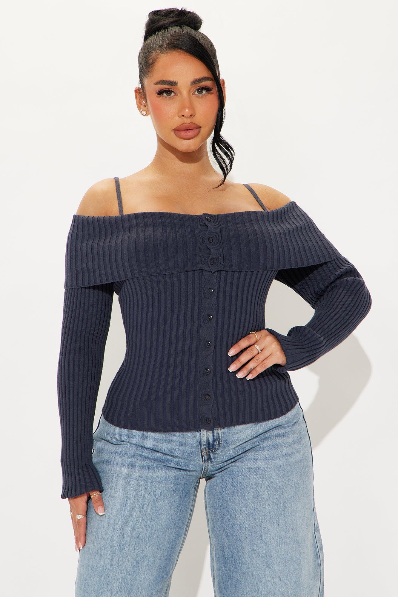 Losing It Off Shoulder Sweater - Navy Product Image