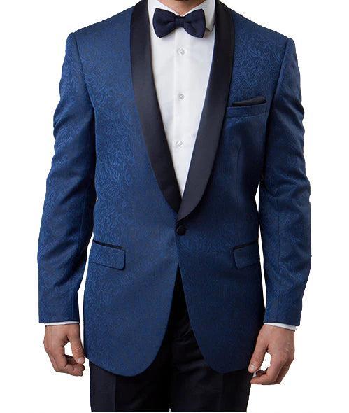 (38R) Blue Slim Fit Floral Pattern Blazer Satin Shawl Collar Product Image