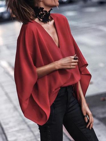 Loose Batwing Sleeves Solid Color V-Neck Blouses&Shirts Tops Product Image