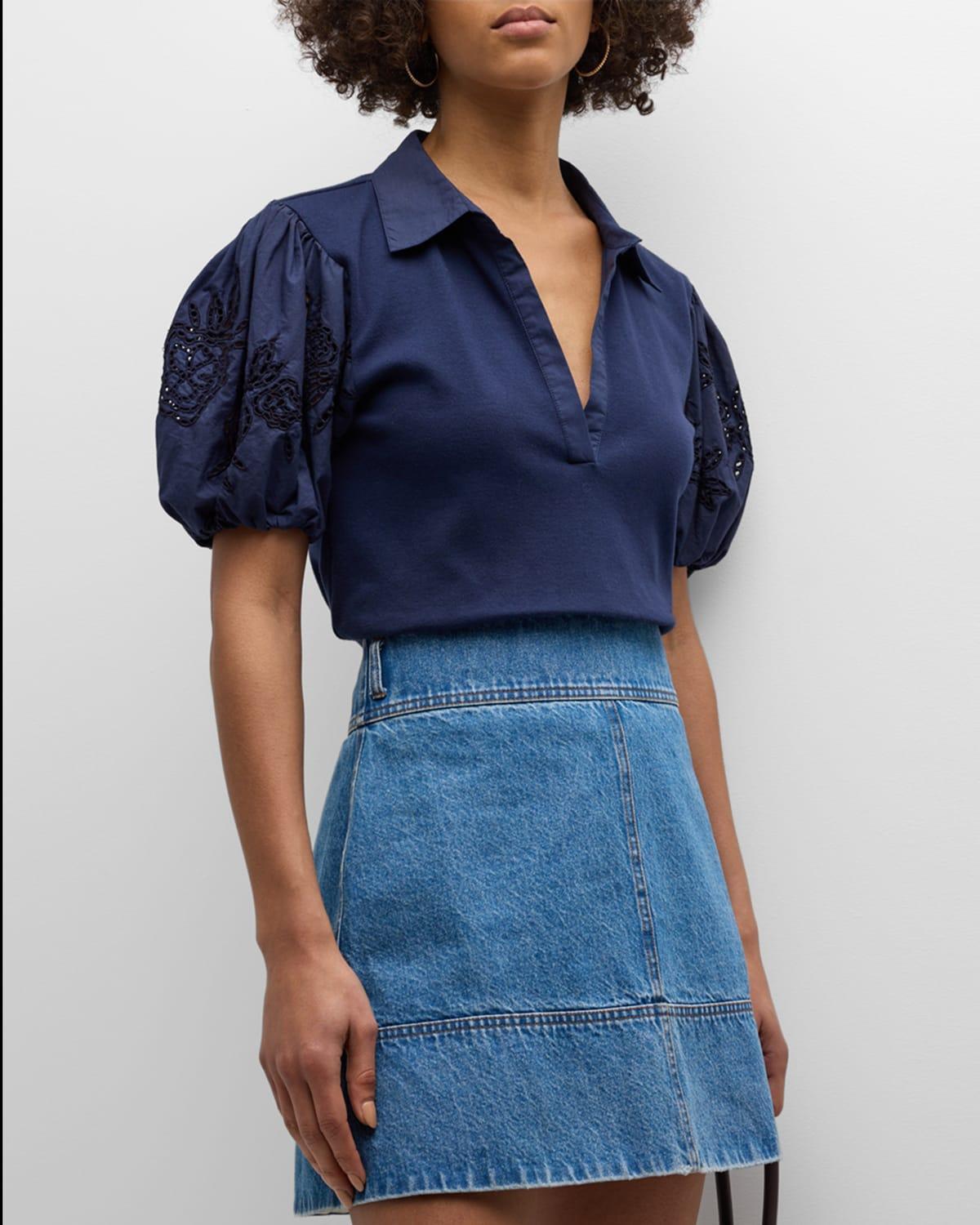 Tory Puff-Sleeve Embroidery Collared Poplin Top Product Image