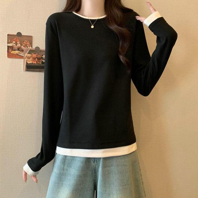 Long Sleeve Round Neck Mock Two Piece Tee Product Image