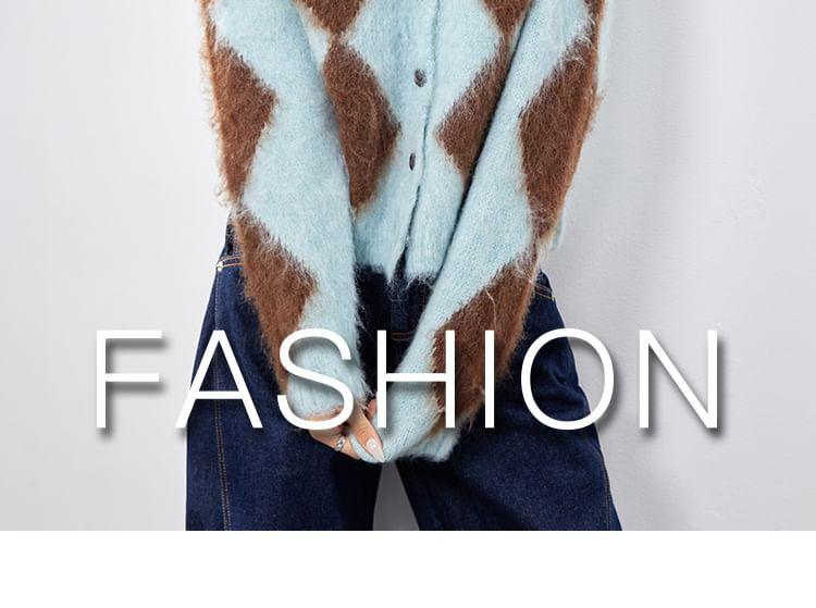 Collar Argyle Fluffy Cardigan Product Image