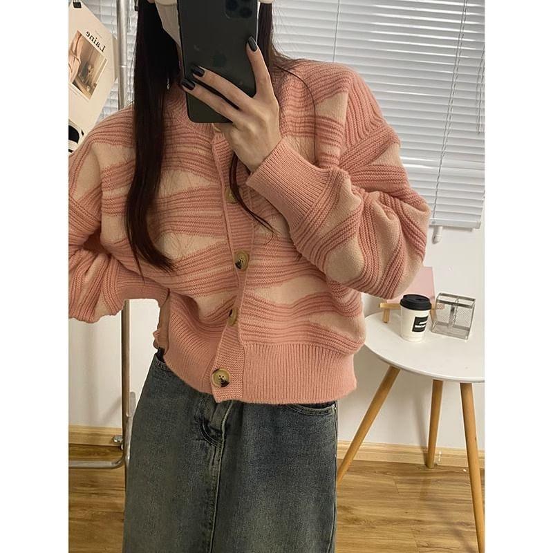 Crew Neck Two Tone Button-Up Crop Cardigan Product Image