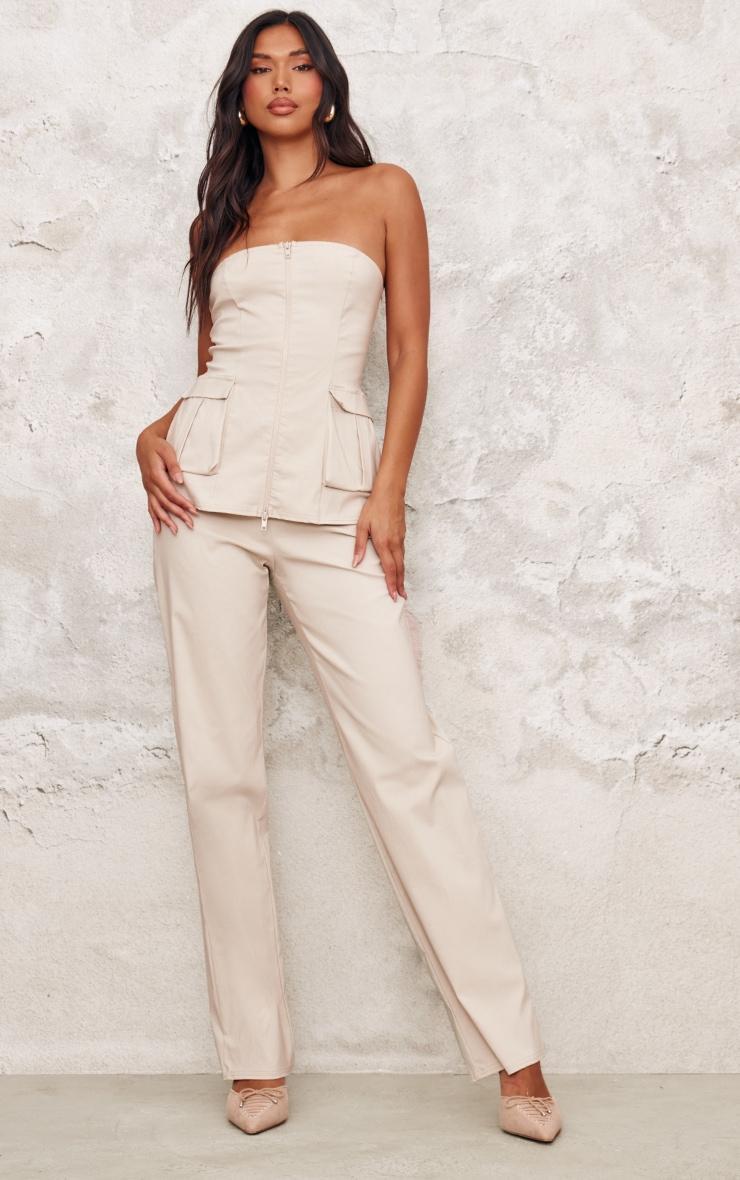 Beige Bengaline Straight Leg Trousers Product Image