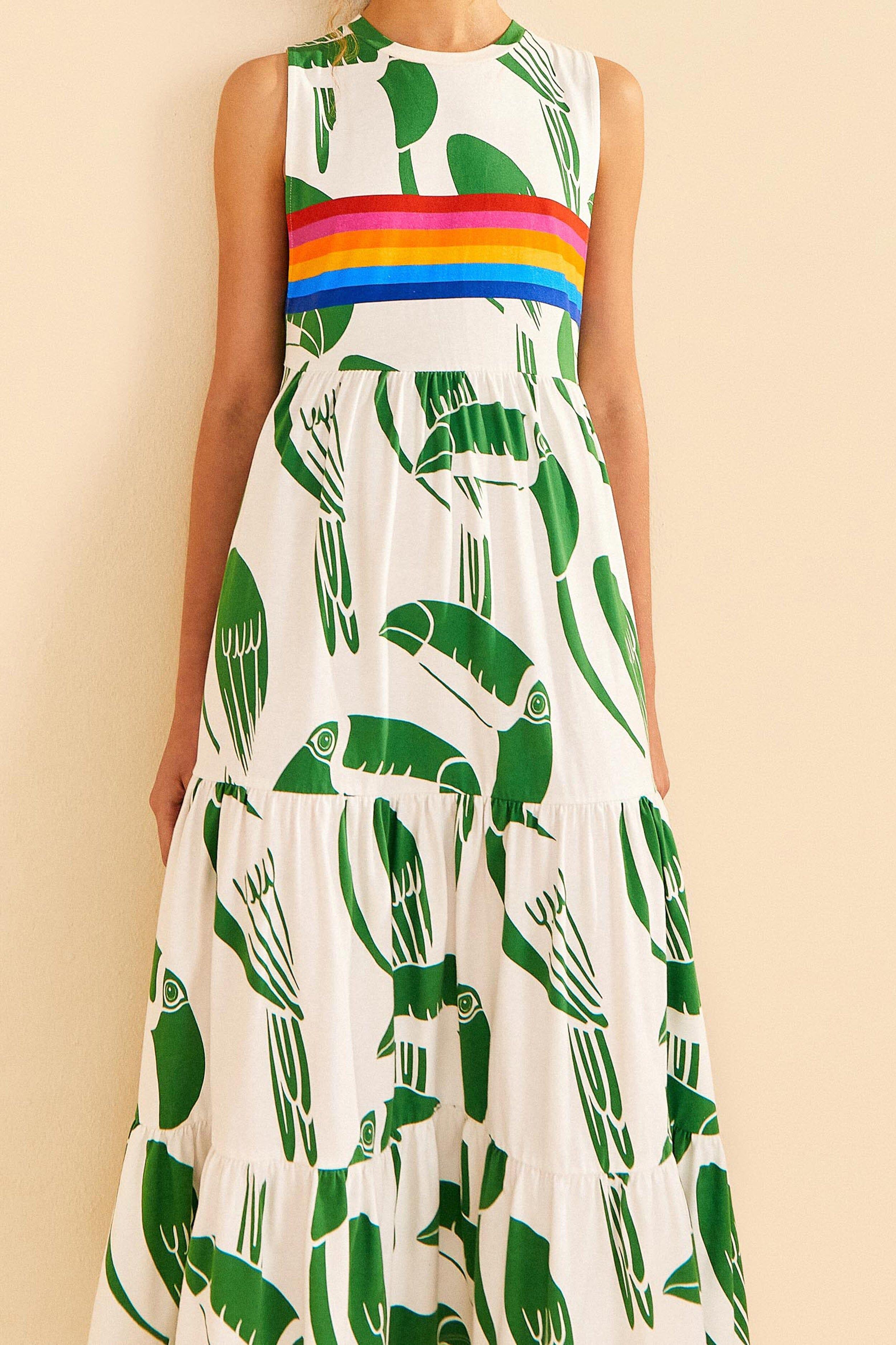 Off-White Rainbow Toucans Organic Cotton Maxi Dress, RAINBOW TOUCANS OFF WHITE / XS Product Image