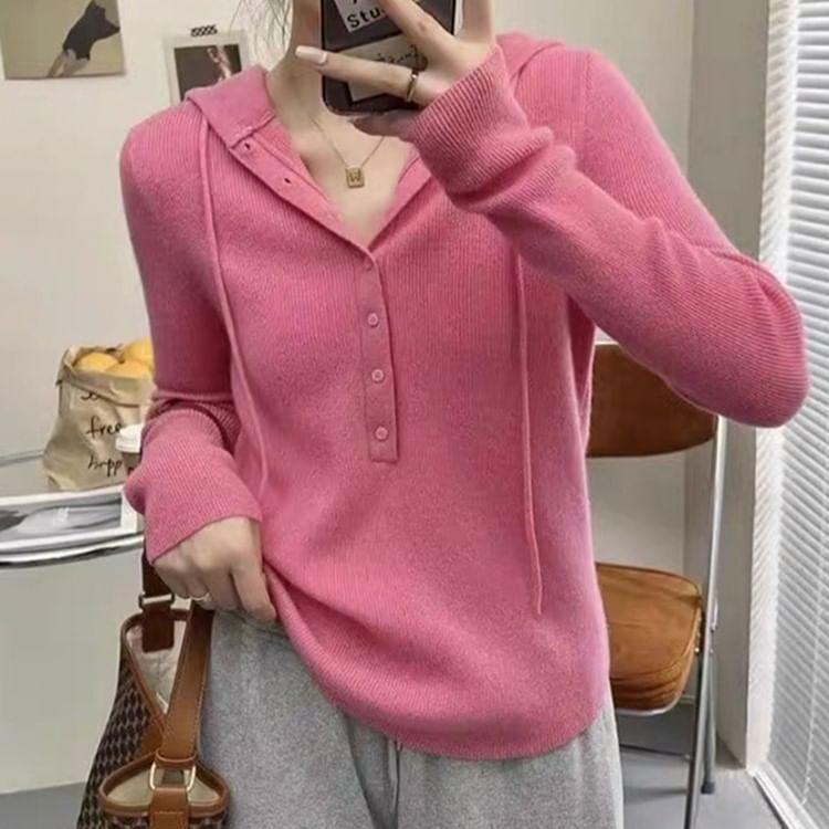 Long-Sleeve Henley Drawstring Hooded Knit Top Product Image