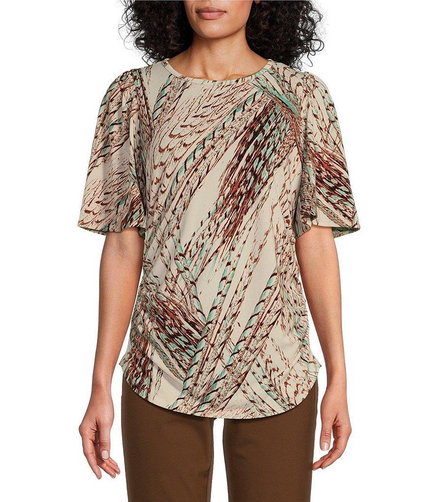 Investments Petite Size Neutral Feather Print Crew Neck Flare Short Sleeve Ruched Top Product Image