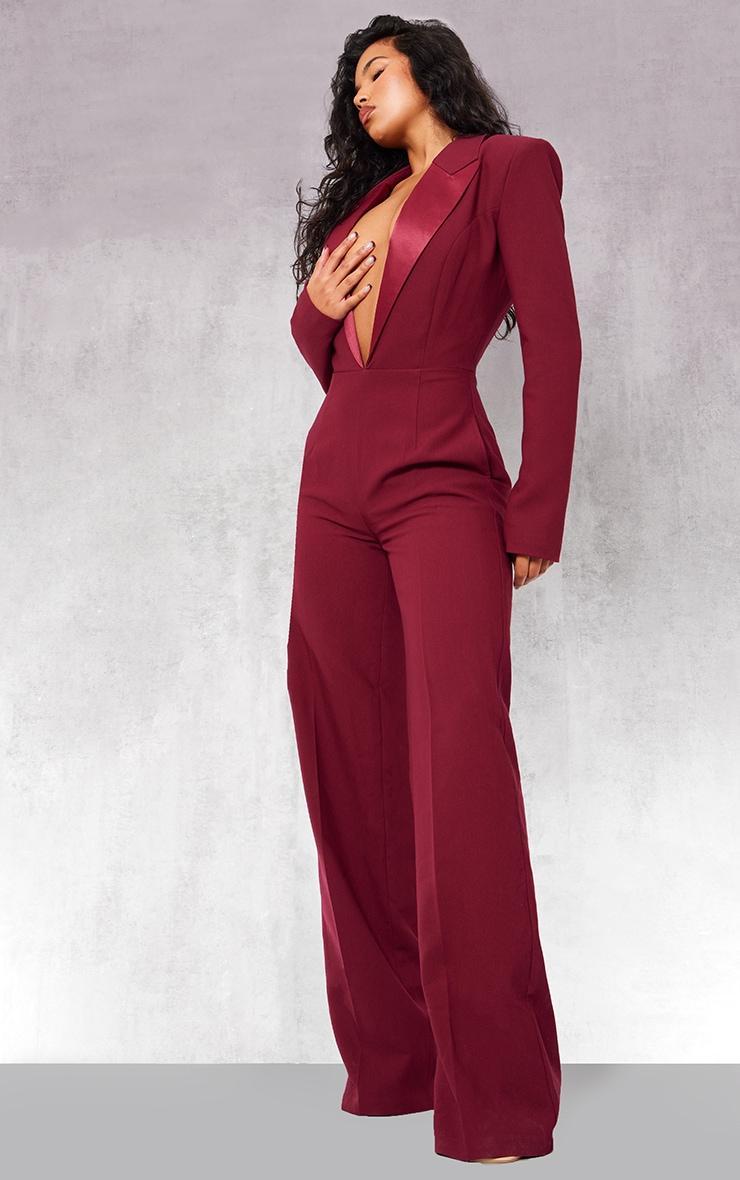 Burgundy Tailored Satin Lapel Straight Leg Jumpsuit Product Image