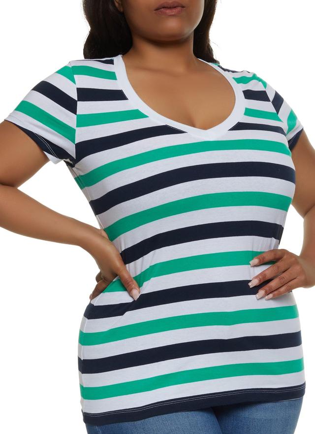 Womens Plus Size Striped V Neck Short Sleeve Tee Product Image