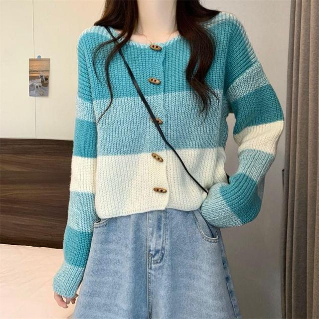 Round Neck Color Block Toggle Cardigan Product Image