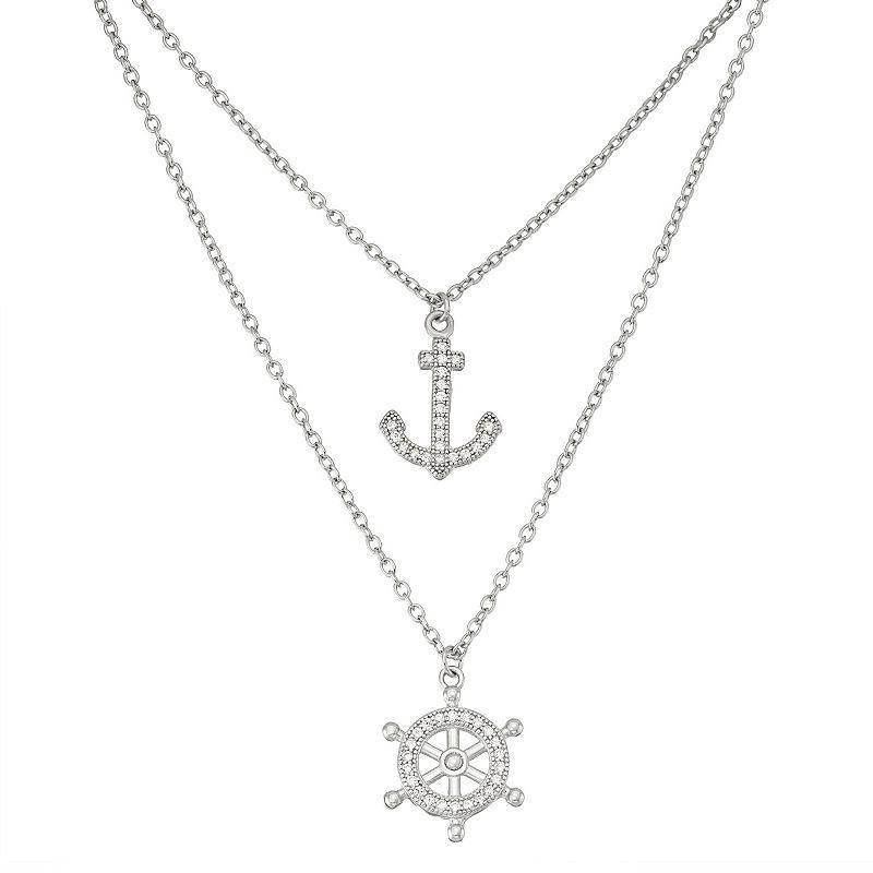 Sterling Silver Cubic Zirconia Anchor & Helm Layered Necklace, Womens White Product Image