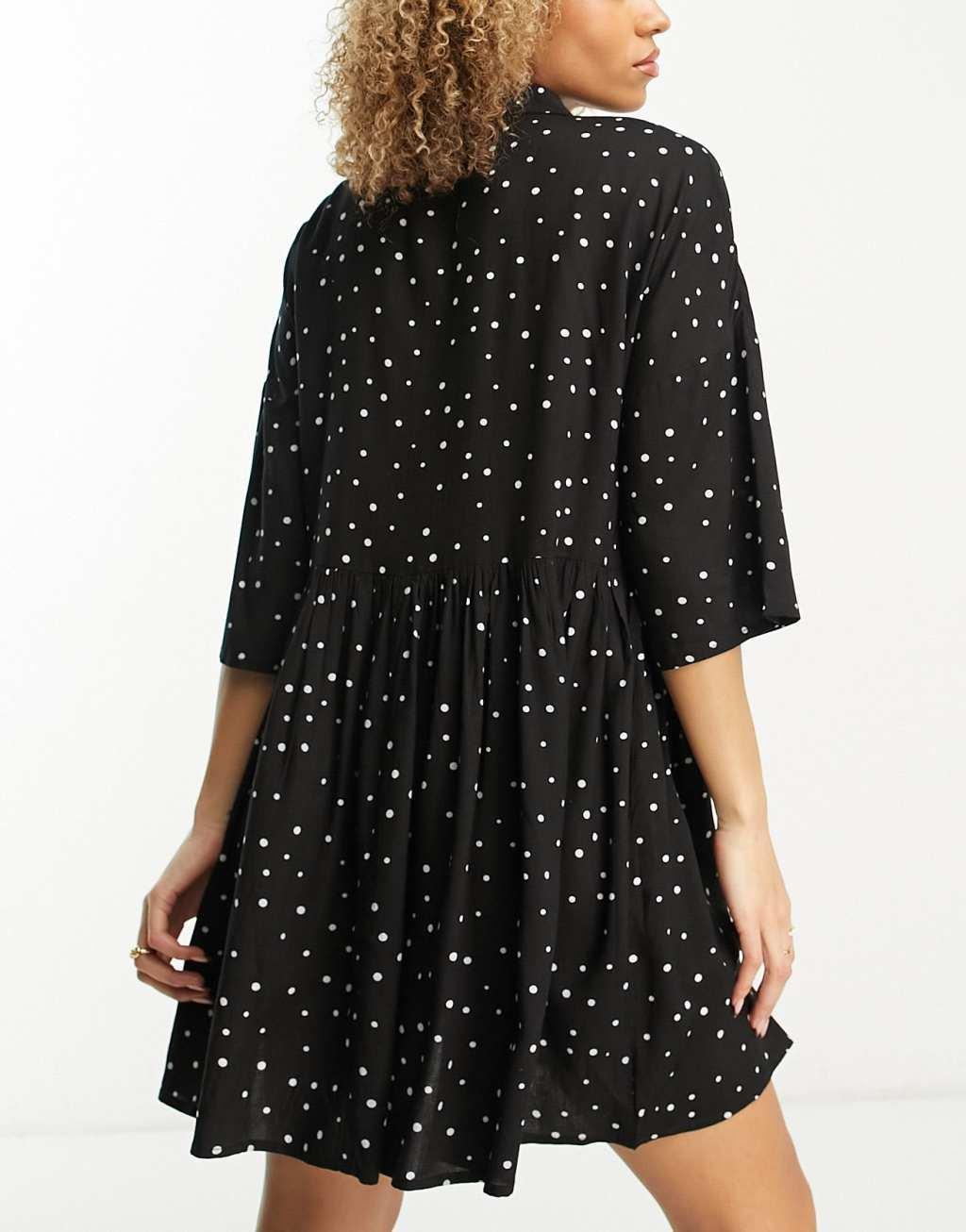 Esmee Exclusive oversized beach mini summer dress in black polka dot  Product Image