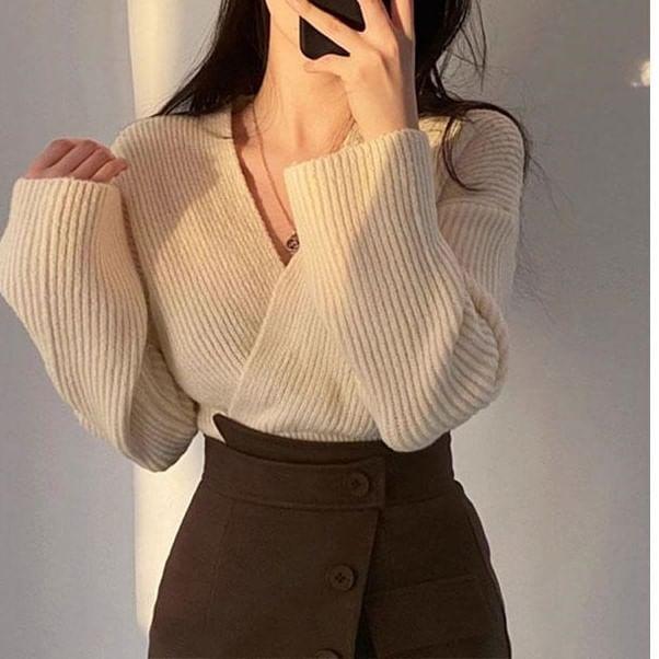 High Rise Asymmetrical Plain Mini Skirt / Long-Sleeve V-Neck Plain Knit Top Product Image