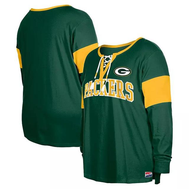 Womens New Era Bay Packers Plus Size Lace-Up Notch Neck Long Sleeve T-Shirt Product Image