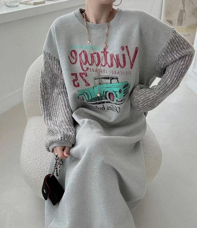 Crewneck Print Maxi Sweatshirt Dress Product Image