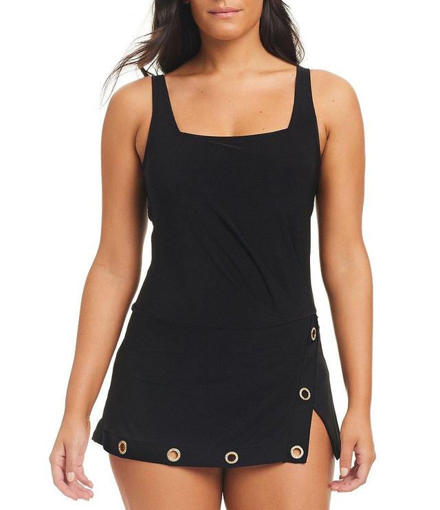 Beyond Control Solid Grommet Square Neck Underwire Skirted One Piece Swimsuit Product Image