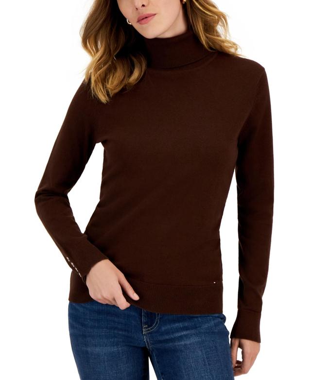 Tommy Hilfiger Womens Cotton Solid Button Cuff Turtleneck Sweater Product Image