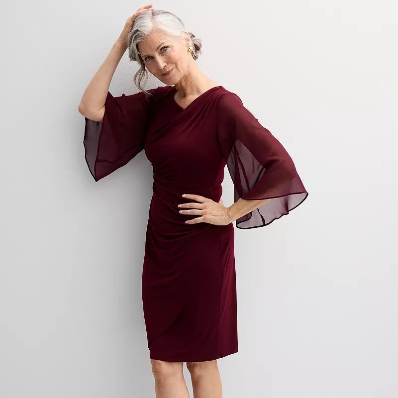 Womens Connected Apparel Asymmetrical Neck Sheer Sleeve Dress Red Product Image