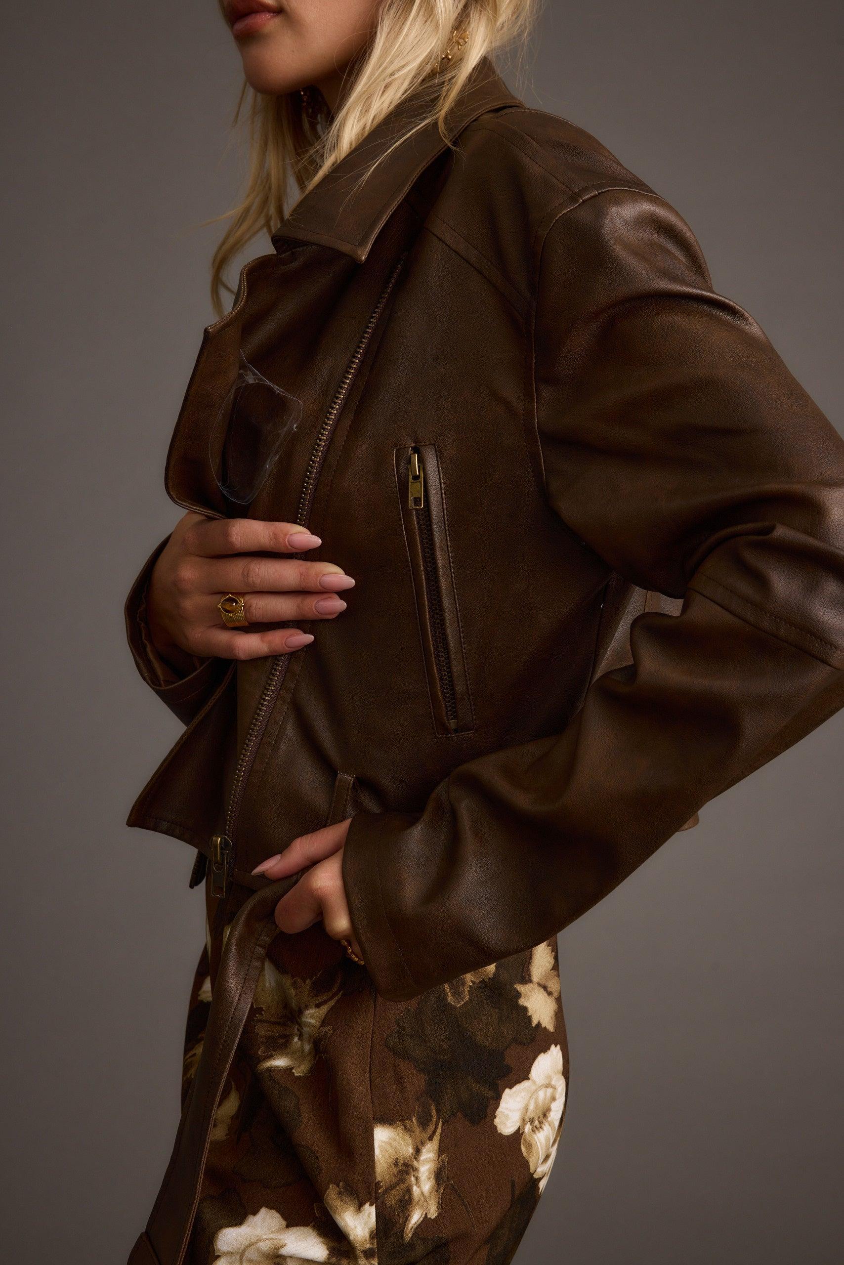 Mulholland Mocha Vegan Leather Moto Jacket Product Image