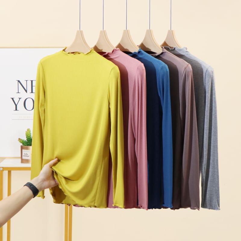 Long-Sleeve Mock Neck Plain Lettuce Edge Slim Fit Tee Product Image