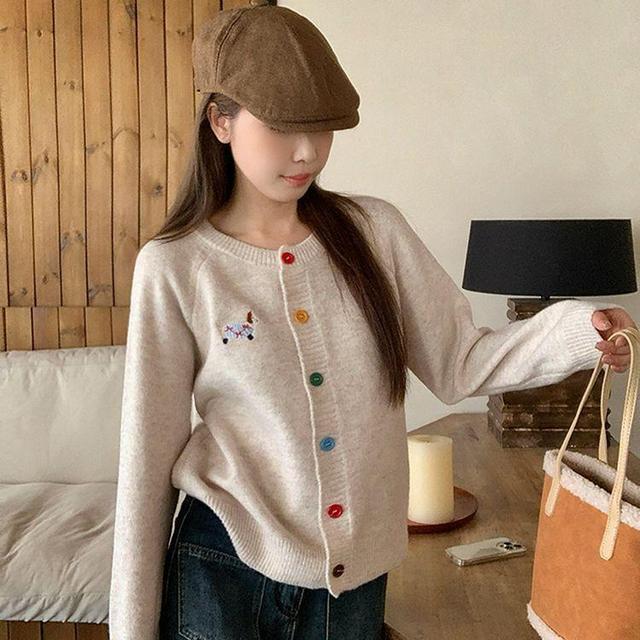 Long-Sleeve Crewneck Embroidered Cardigan Product Image