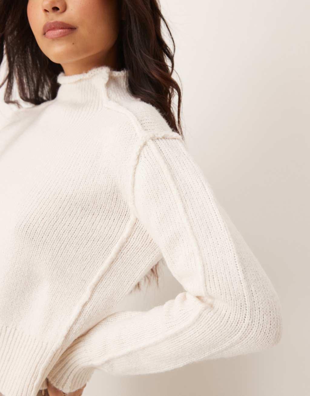 Mango ridged edge high neck sweater in white Product Image