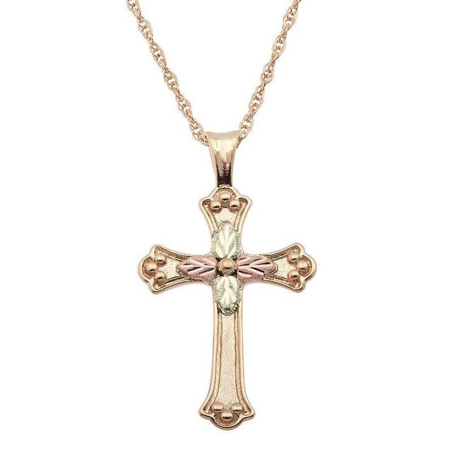 Black Hills Gold Tri Tone Flower Cross Pendant Necklace, Womens 10k Gold Product Image