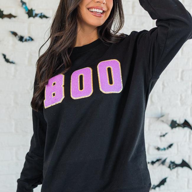 BOO Chenille Patch Black Oversized Graphic Sweatshirt Product Image