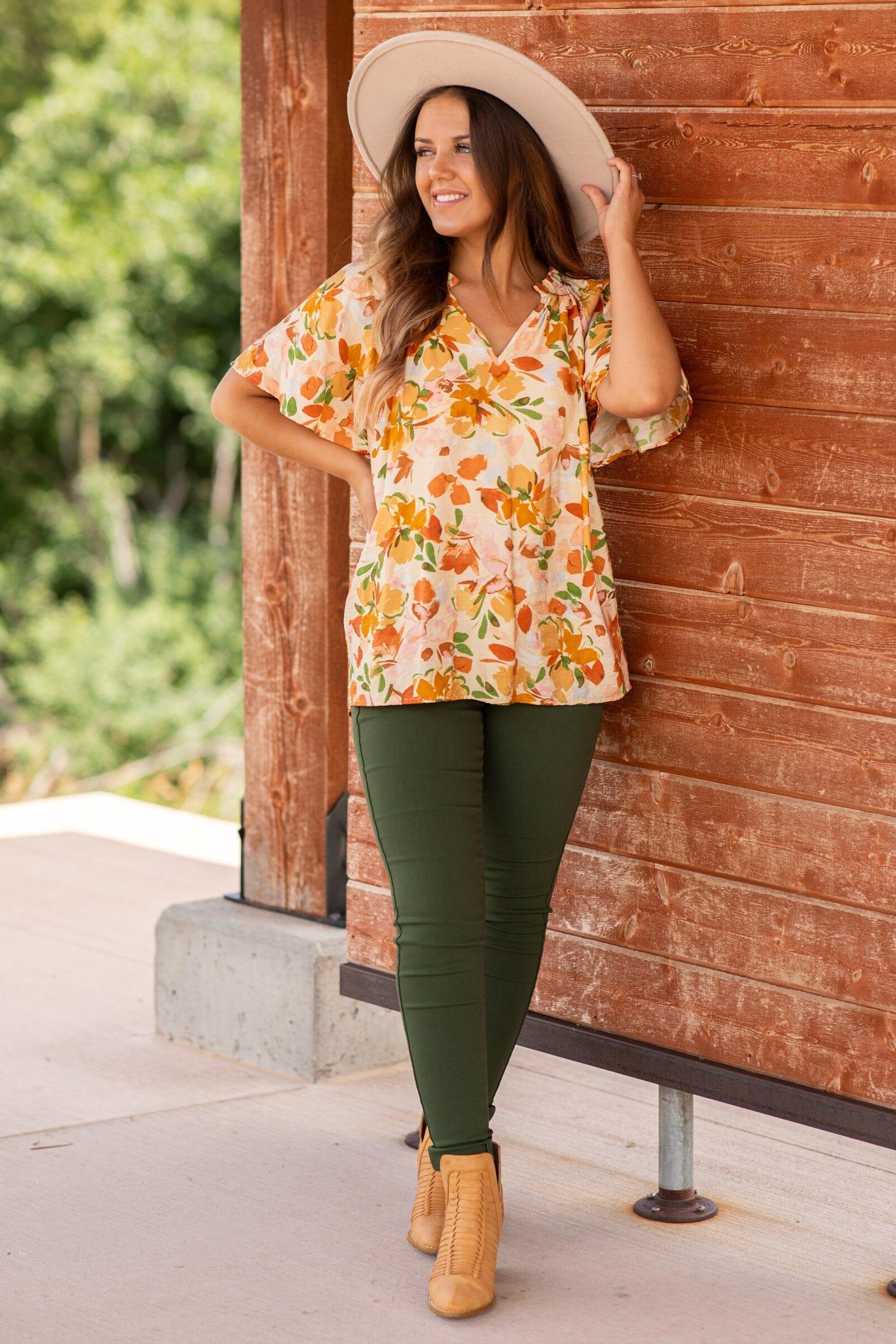 Orange Multicolor Floral Print Notch Neck Top Product Image