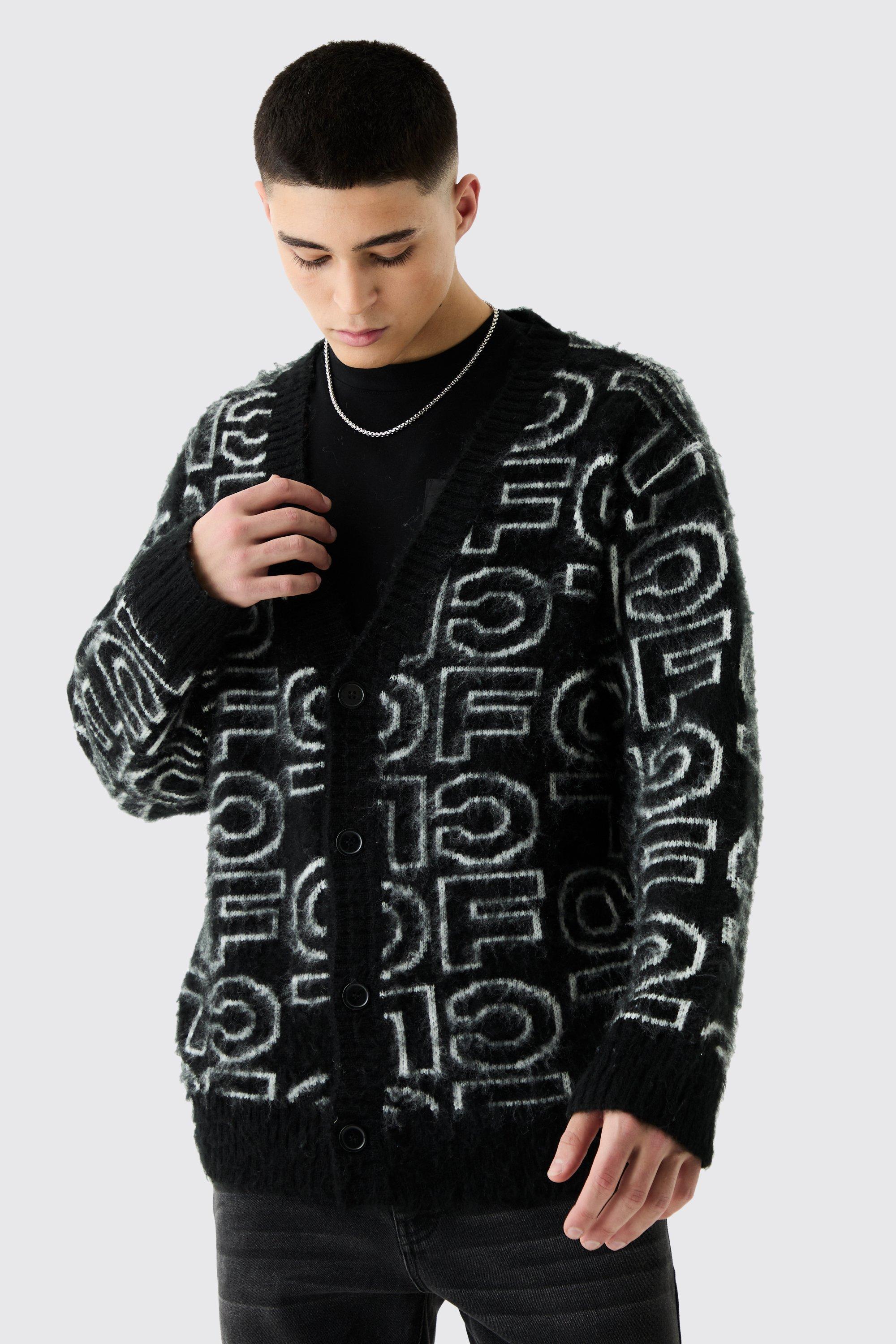 Boxy Fluffy Branded Knitted Cardigan In Black | boohooMAN USA Product Image