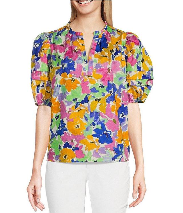 tyler boe Woven Jenna Monet Cotton Sateen Split Ruffle V-Neck Short Puff Sleeves Top Product Image