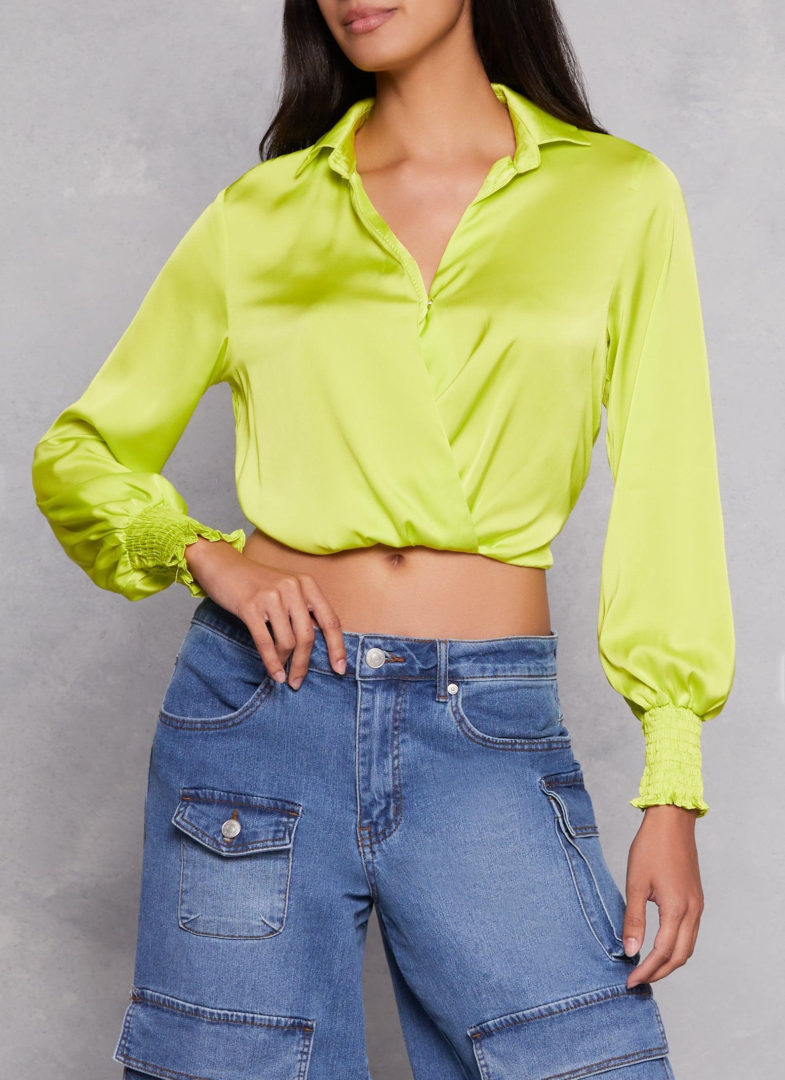 Womens Satin Puff Sleeve Faux Wrap Shirt Product Image