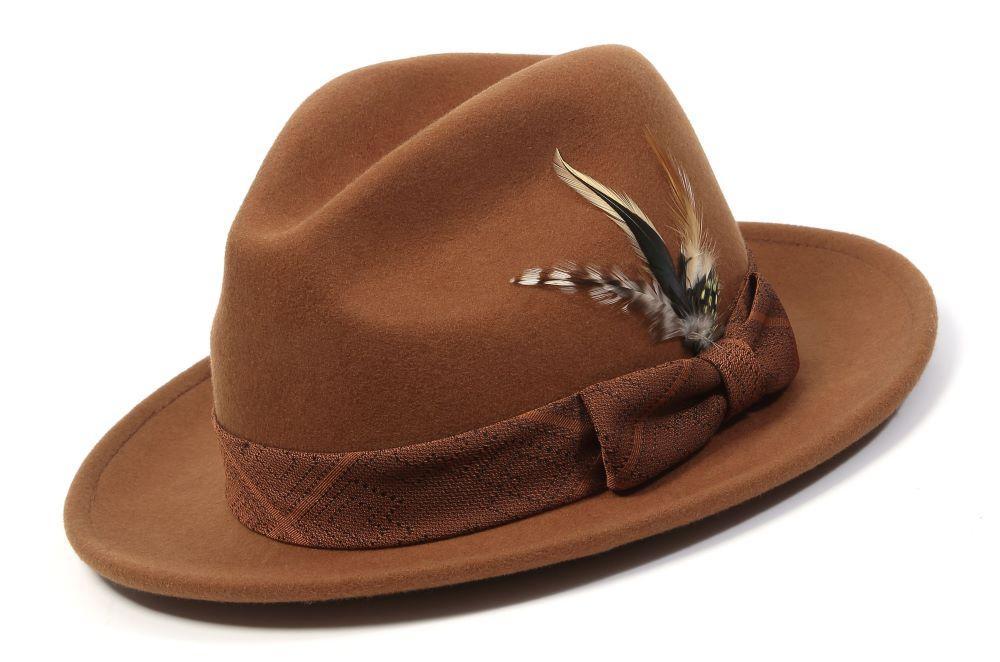 Cognac Wool Felt Dress Hat with Feather Accent Product Image