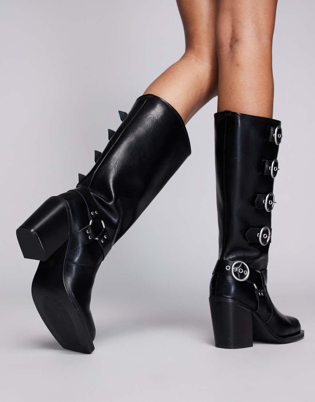 Public Desire Wide Fit Fetish heeled moto boots in black Product Image