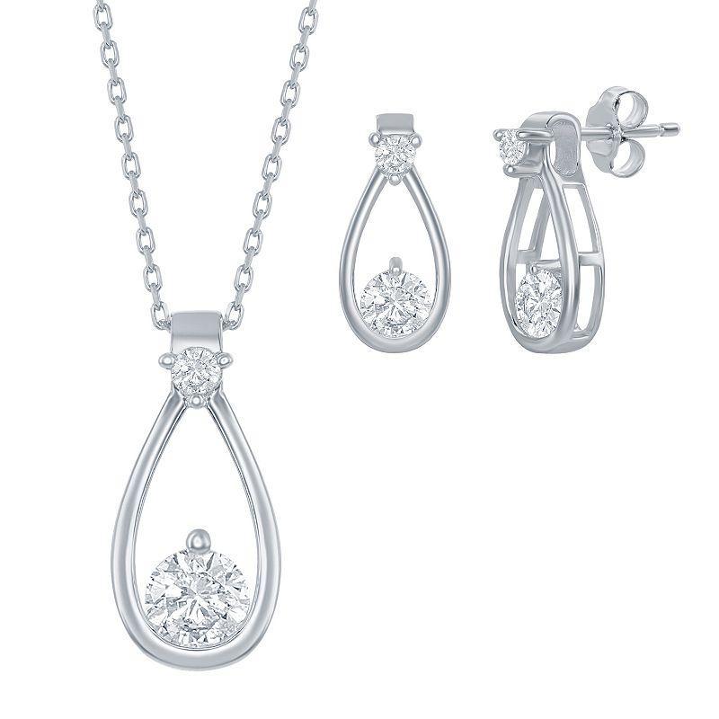 Sterling Silver Cubic Zirconia Open Teardrop Pendant Necklace & Earrings Set, Womens Product Image