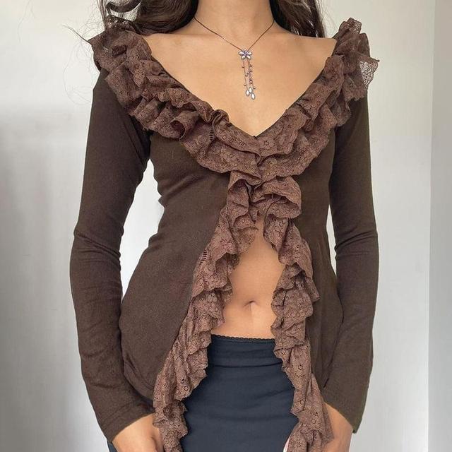 Long Sleeve V-Neck Ruffle Trim Crop Top Product Image