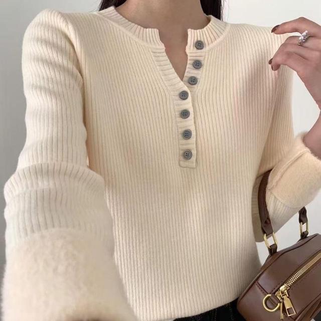 Henley Neck Plain Ribbed Knit Sweater Product Image