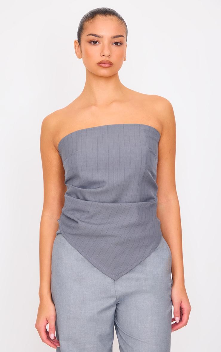 Charcoal Pinstripe Drape Detail Bandeau Top Product Image