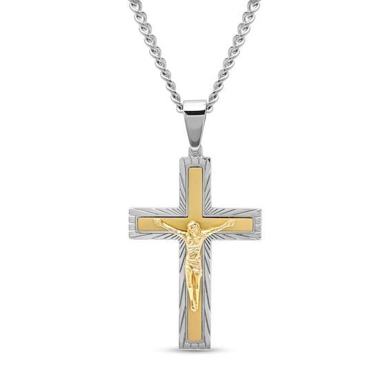 Men's Multi-Finish Crucifix Cross Pendant in Stainless Steel and Yellow Ion Plate - 24" Product Image