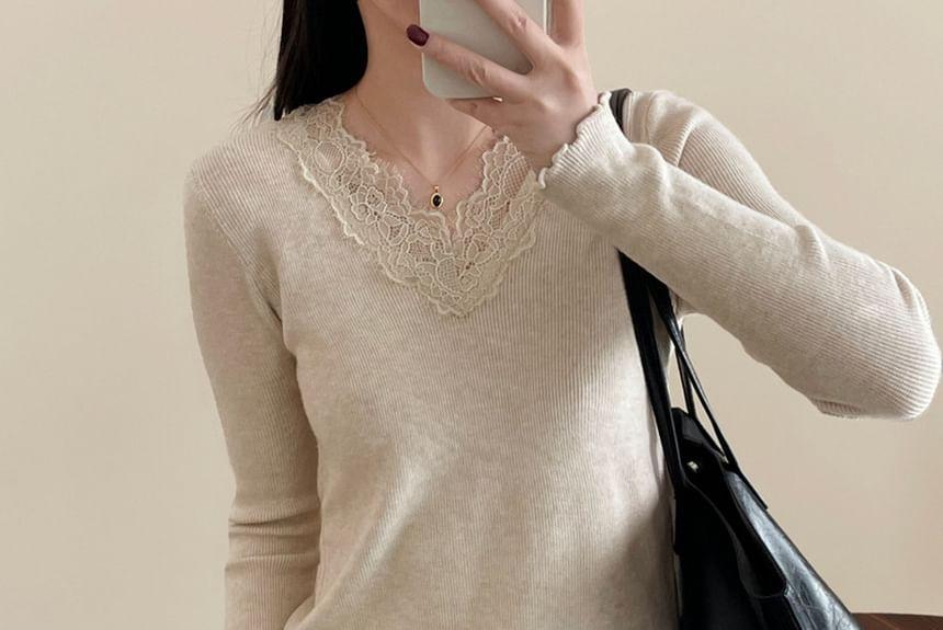 Long-Sleeve V-Neck Plain Lace Panel Lettuce Edge Knit Top Product Image