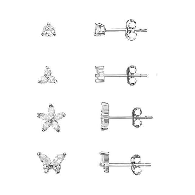 PRIMROSE Sterling Silver Round, Triple Round, Flower & Butterfly Stud Earring Set, Womens Product Image