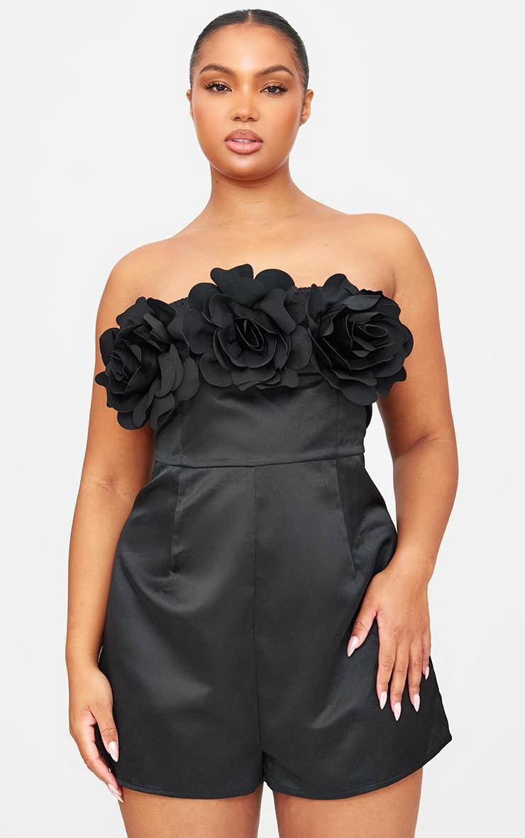 Black Satin Floral Corsage Detail Bandeau Romper Product Image