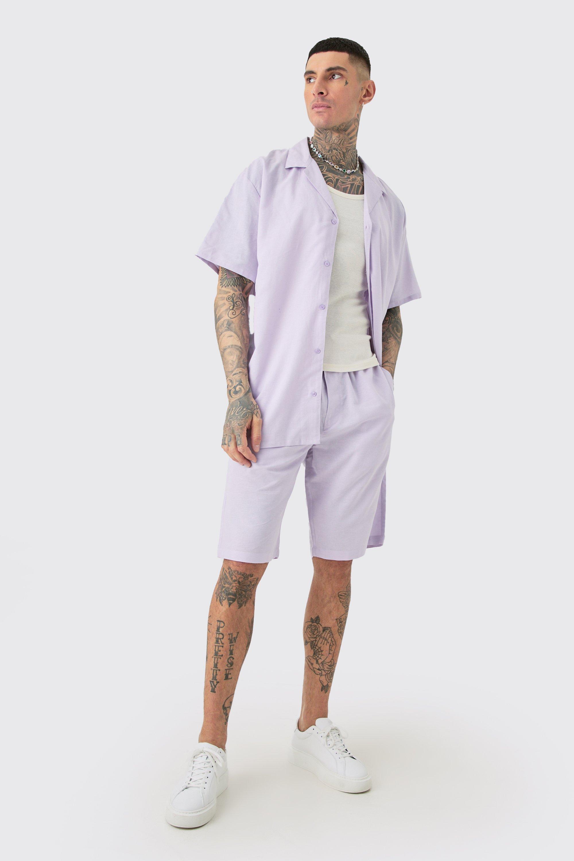 Mens Purple Tall Oversized Linen Drop Revere Shirt & Short Set In Lilac, Purple Product Image