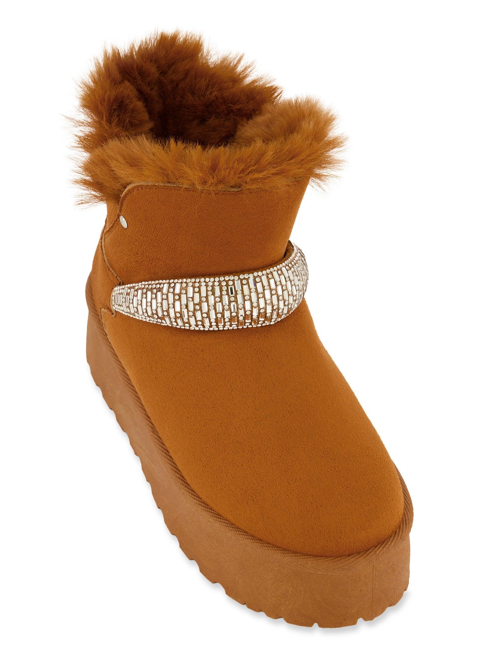 Womens Rhinestone Trim Faux Fur Lined Platform Booties product image