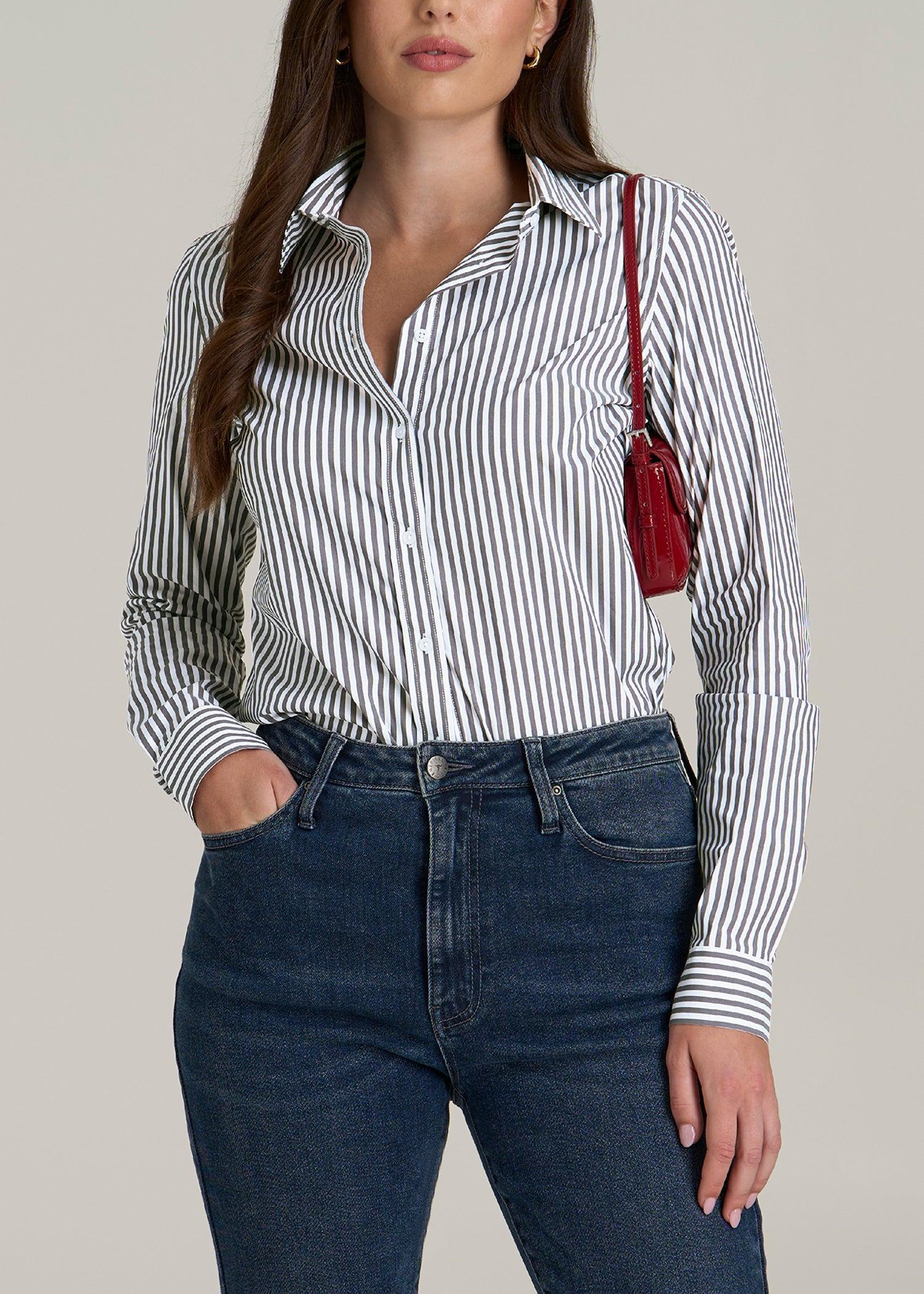 Slim Fit Button Up Women's Tall Shirt in Grey and White Stripe Female Product Image