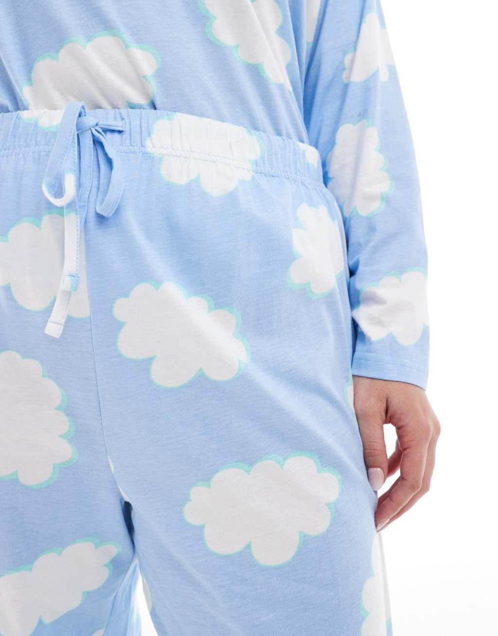 ASOS DESIGN Curve cloud long sleeve top & pants pajama set in blue Product Image