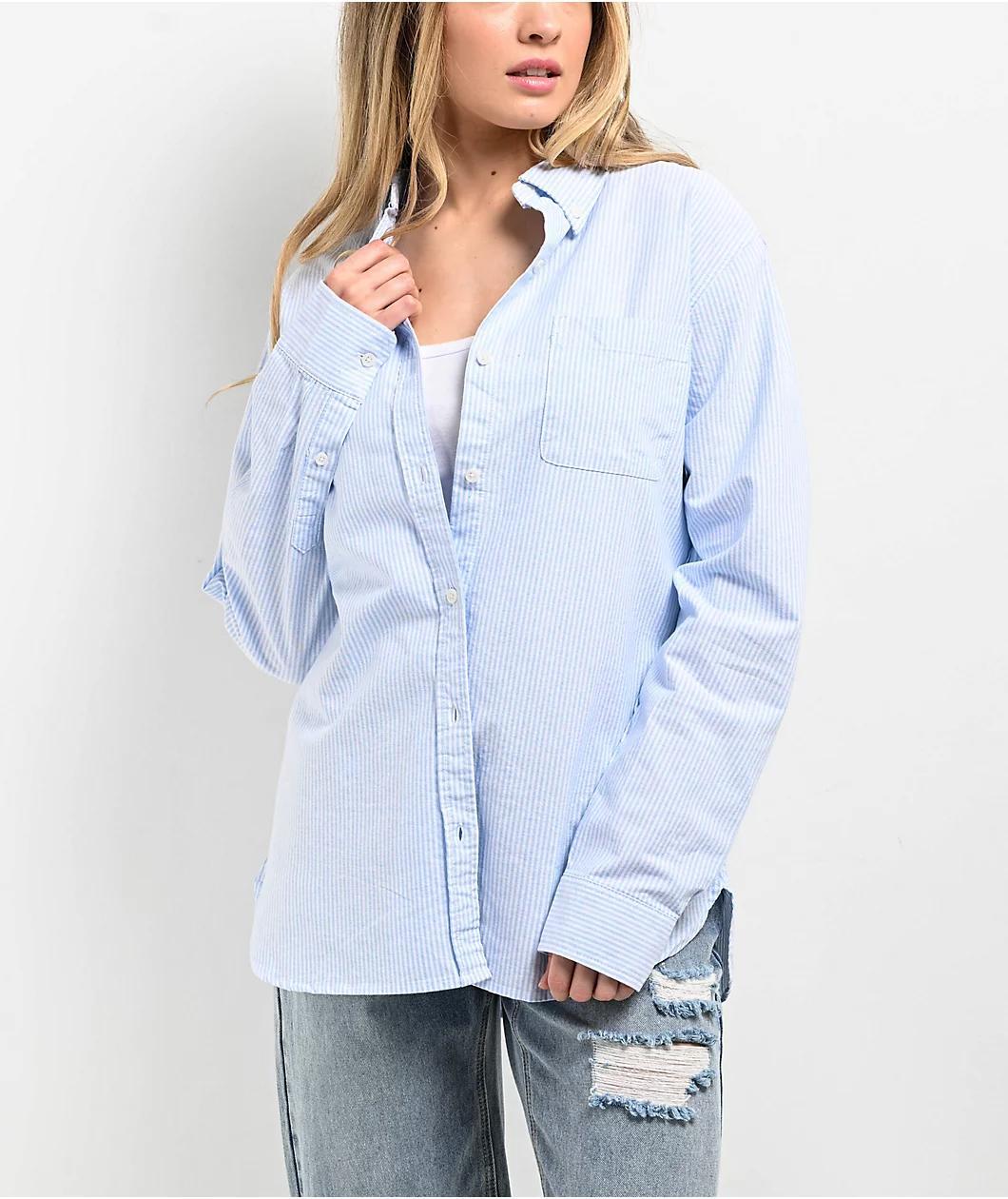 Freeworld Misha Blue Stripe Woven Long Sleeve Button Up Shirt Product Image